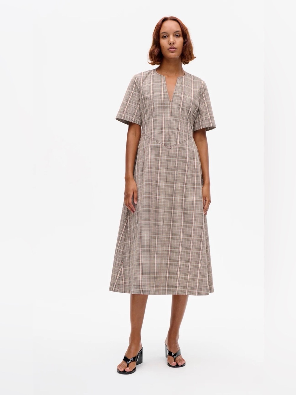 Baum und pferdgarten plaid Midi Dress with V-Notch Neck - Taupe size US 10